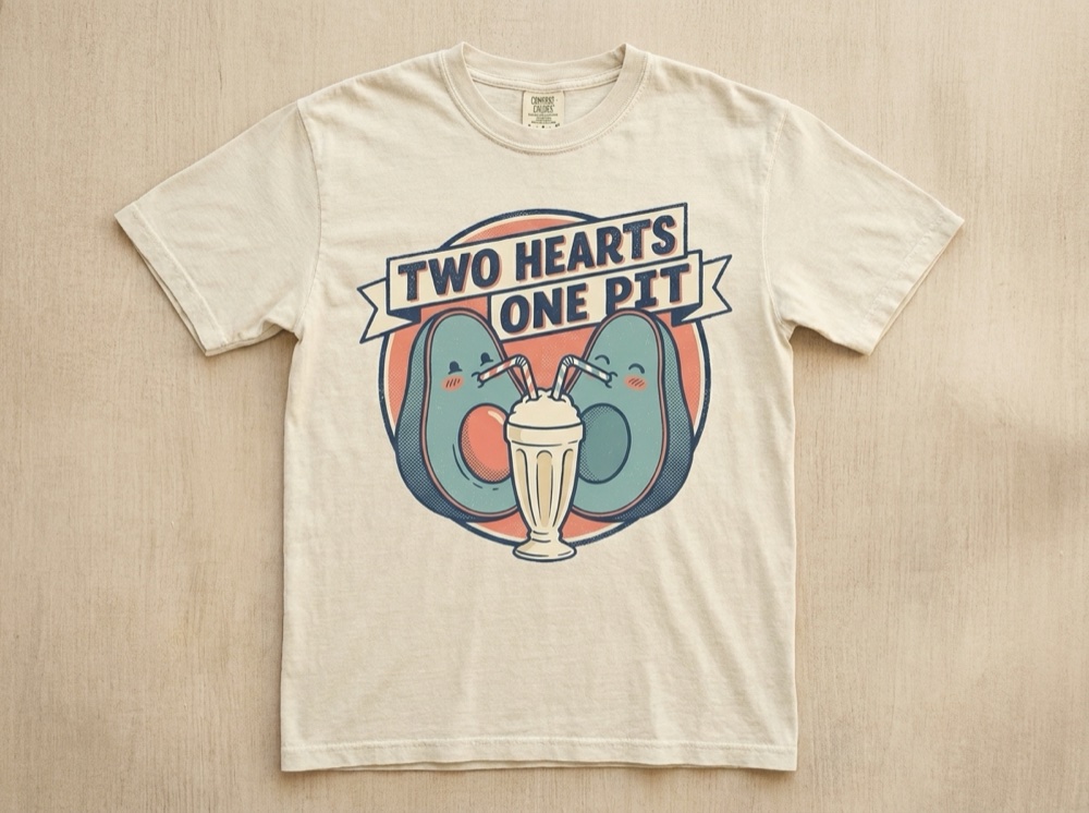 Funny Avocado Couples Shirt - Retro Two Hearts One Pit Matching Tee